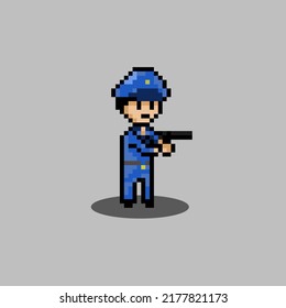 pixel art style, old videogames style, retro style 18 bit police with the pistol