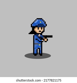 Pixelkunst-Stil, alte Videospiele-Stil, retro-Stil 18-Bit Polizei-Frau mit Pistole