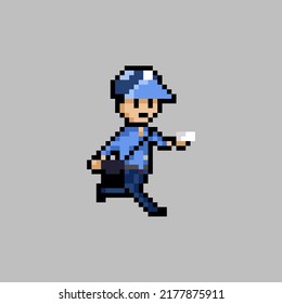 pixel art style, old videogames style, retro style 18 bit postman run delivery mail