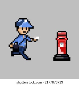 pixel art style, old videogames style, retro style 18 bit postman delivery mail to mailbox