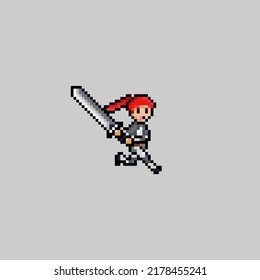 pixel art style, old videogames style, retro style 18 bit female swordman swing one handed sword vector