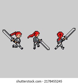 pixel art style, old videogames style, retro style 18 bit female swordman swing one handed sword vector