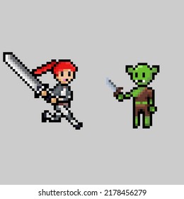 pixel art style, old videogames style, retro style 18 bit female swordman attack knife goblin vector