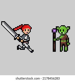 pixel art style, old videogames style, retro style 18 bit female swordman attack staff goblin vector