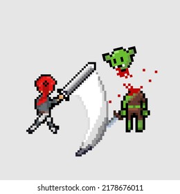 pixel art style, old videogames style, retro style 18 bit female knight slashed goblin with one handed sword