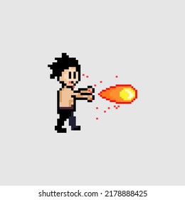 Pixel Art Style, Old Videogames Style, Retro Style 18 Bit Kungfu Boy Make Fireball