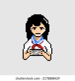 pixel art style, old videogames style, retro style 18 bit schoolgirl gamer