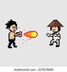 Pixel Art Style, Old Videogames Style, Retro Style 18 Bit Boy With Fireball Versus Man With Straw Hat