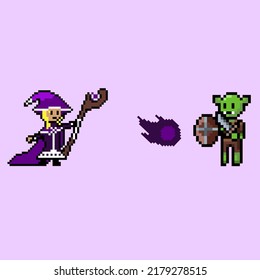 pixel art style, old videogames style, retro style 18 bit dark mage versus goblin