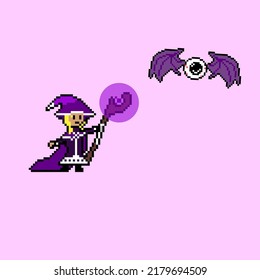pixel art style, old videogames style, retro style 18 bit female necromancer summon eyeball vector