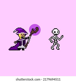 pixel art style, old videogames style, retro style 18 bit dark necromancer female mage summon skeleton vector