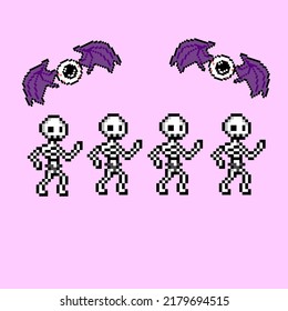 pixel art style, old videogames style, retro style 18 bit skeleton army and eyeball vector
