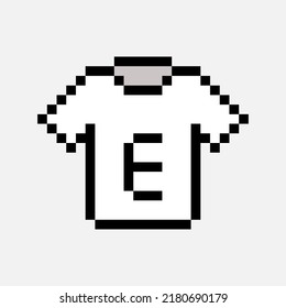 pixel art style, old videogames style, retro style 18 bit white letter E t shirt vector