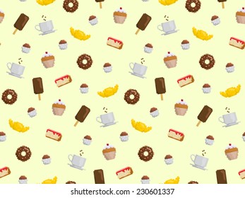 Pixel art style pattern with different dessert, coffee and ice cream