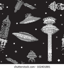 pixel art style pattern, space ships and satellite on a black background