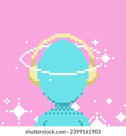 Pixel Art Style People Wears Headphones with Blinking Effect Illustration, Pink Background