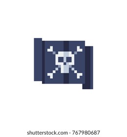 Pixel art style pirate flag. Jolly Roger. Skull crossbones. 8-bit. Sticker design. Isolated abstract vector illustration.