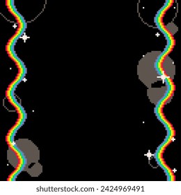 Pixel art style Pride Rainbow Waving Ribbon with Glitter frame template on black background 