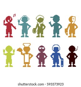 Pixel art style profession people set. Vector illustration.