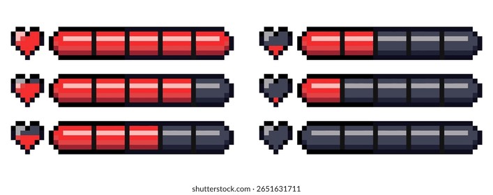 Pixel art style retro game life bar with heart isolated on transparent background. Collection of 8-bit progress bar for video game assets. Vector illustration.
