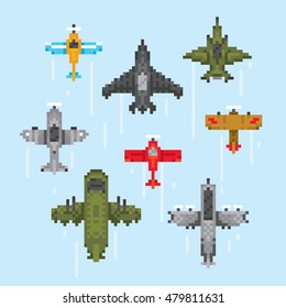 Pixel art style retro game airplanes vector set