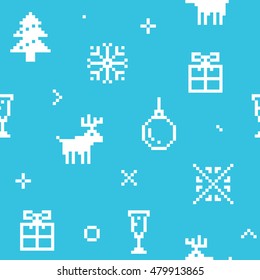 Pixel art style retro game happy new year seamless vector pattern blue