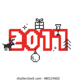 Pixel art style retro game happy new year 2017 isolated vector postcard illustration white