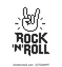 Pixel Art style Rock Music Gesture vector lettering on white background. Geek style Pixelated Rock n roll design with pixel style hand. Pixel graphics Rock sign gesture for print design