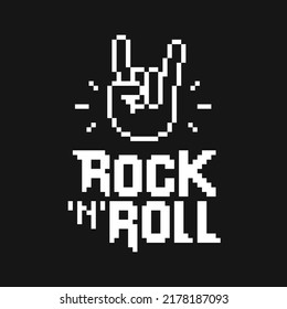 Pixel Art style Rock Music vector lettering on black background. Geek style Pixelated Rock n roll design with pixel style hand. Pixel graphics Rock sign gesture for print design