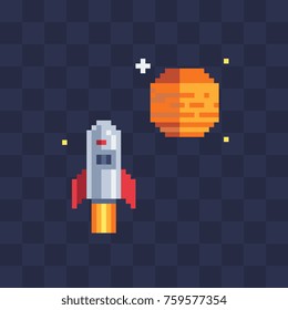 Pixel art style rocket icon. Sticker design. 8-bit. Video game sprite. Isolated vector illustration.