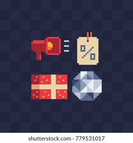 Pixel art style. Sale shopping icons set. Loudspeaker, gift box, discount percent, gem diamond. Game assets. Isolated abstract vector illustration.