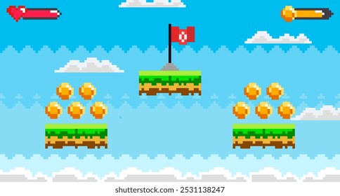 Pixel art style scene with platforms floating in the sky, coins for collecting, a checkpoint flag, health and progress indicators. Ideal for gaming, retro style, pixel art, platformers, level design