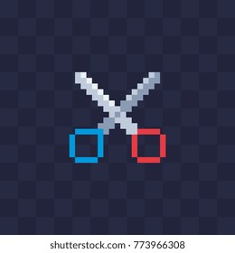 Pixel art style scissors icon. Logo for the barbershop, tailor. 8-bit. Video game sprite. Isolated abstract vector illustration. Game assets.