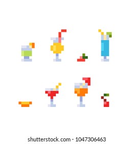 Pixel art style set of ice and alcoholic summer drinks and beach cocktails. Fruits and refreshments. Isolated vector illustration.