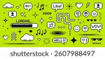 A pixel art style set of icons for social media. speech bubbles. Abstract elements. Vector graphics. old-school retro digital look. gaming y2k style. Smile, snake, likes, clouds, hearts, loading bar.