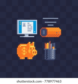 Pixel art style set. Piggy bank,  monitor, pencil box and wireless speaker icons. 8-bit sprites. Game assets. Isolated abstract vector illustration.