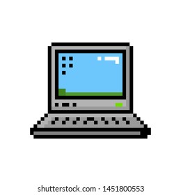 Pixel art style small laptop desktop 8 bit icon - isolated vector illustration