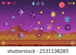 Pixel art style space shooter game with spaceships, aliens, planets, and power-ups set against a purple outer space background. Ideal for retro games, sci-fi themes, arcade games, pixel art, video