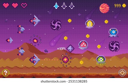 Pixel art estilo jogo de tiro espaço com naves espaciais, alienígenas, planetas e power-ups definido contra um fundo roxo espaço exterior. Ideal para jogos retrô, temas de ficção científica, jogos de arcade, pixel art, vídeo