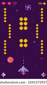 Una escena de shooter espacial de estilo pixel art con una nave espacial recolectando monedas mientras navega a través de obstáculos. Los corazones significan vidas, y se muestra una puntuación en amarillo brillante. Ideal para juegos de arcade