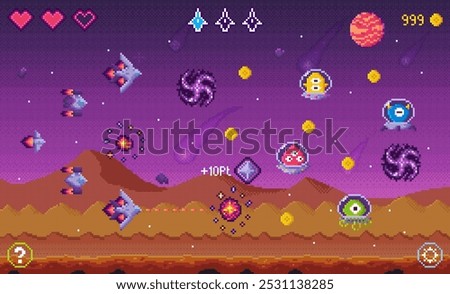 Pixel art style space shooter game with spaceships, aliens, planets, and power-ups set against a purple outer space background. Ideal for retro games, sci-fi themes, arcade games, pixel art, video
