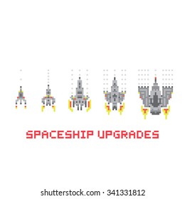 Pixel art style spaceship game upgrades vector set