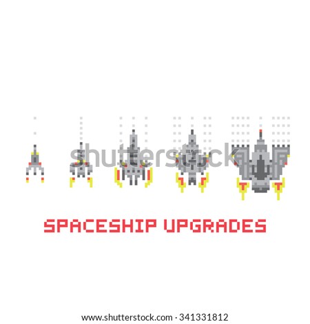 Pixel art style spaceship game upgrades vector set