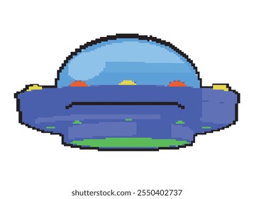 Pixel art style spaceship, Ufo, vector illustration in vector style with white isolated background.