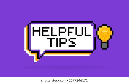 Pixel art style speech bubble with the light bulb and phrase Helpful  Tips. 8 bit logo design on purple background. Vector illustration.