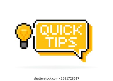 Pixel art style speech bubble with the light bulb and phrase Quick Tips. 8 bit logo design on white background. Vector illustration.