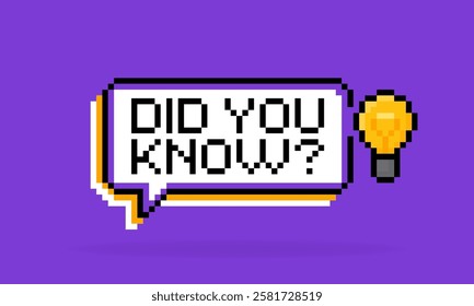 Pixel art style speech bubble with the light bulb and phrase Did you know? 8 bit logo design on purple background. Vector illustration.