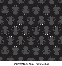 Pixel art style spiders seamless vector pattern black