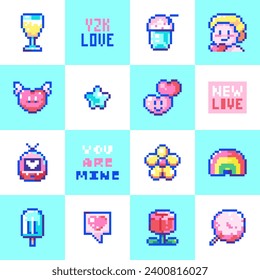 Pixel Art Style Valentine's Day Seamless Pattern with 8Bit Cute Elements and Sweets - Romantic Digital Background. White and Blue Color, Cupid, Flowers, Heart with wings, Cotton Candy, Rainbow.