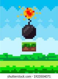 Bomba vectorial de estilo de arte de píxeles para juego de píxeles retro. Núcleo redondo negro con mecha que quema. Icono negro de bomba de 8 bits pixelado, viejo estallido de videojuego, detonar, error de advertencia en el fondo natural del paisaje